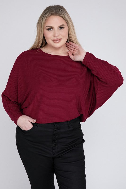 Plus Ribbed Batwing Long Sleeve Boat Neck Sweater