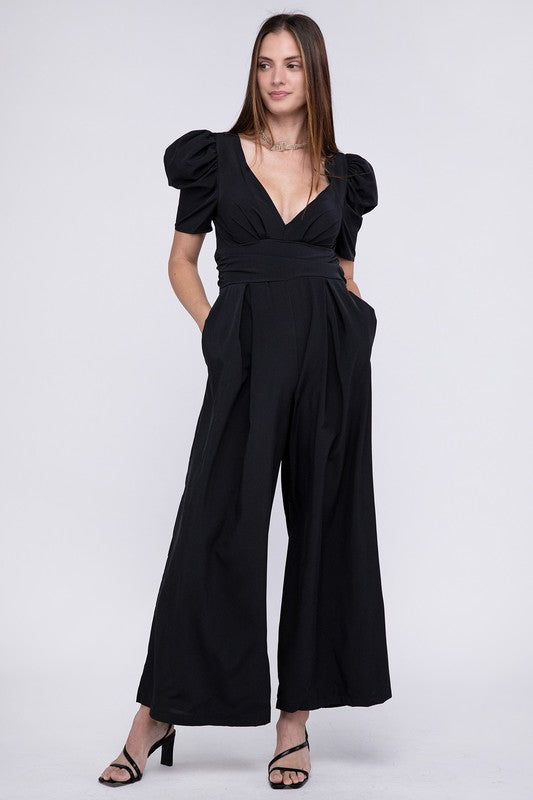 V Neck Puff Sleevw Jumpsuit