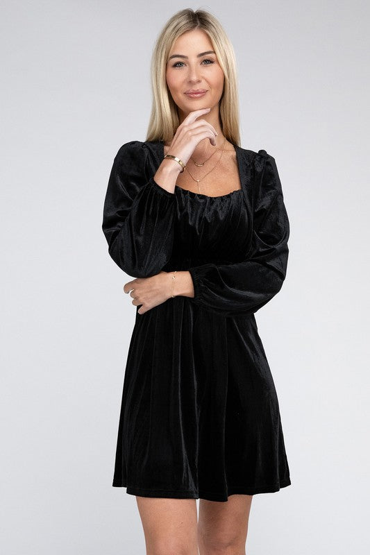 Square Neck High Waist Velvet Dress