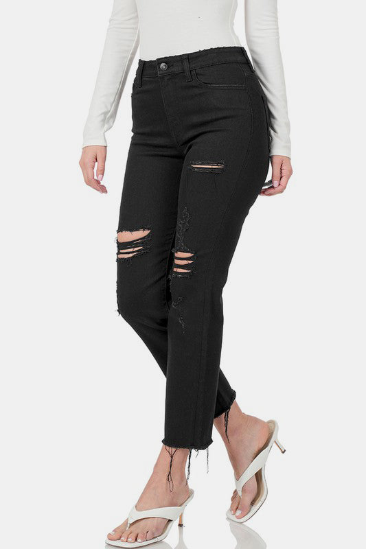 Zenana Distressed Raw Hem Cropped Jeans