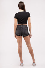 Washed Black Cuffed Raw Hem Denim Shorts