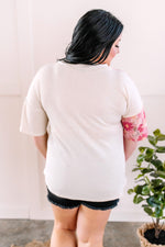 Waffle Knit Color Block V Neck Top In Taupe & Pink Floral