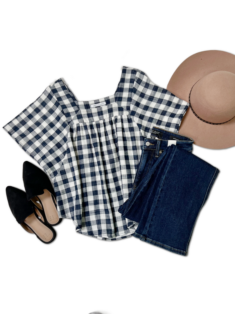 Navy Plaid Short Sleeve Top