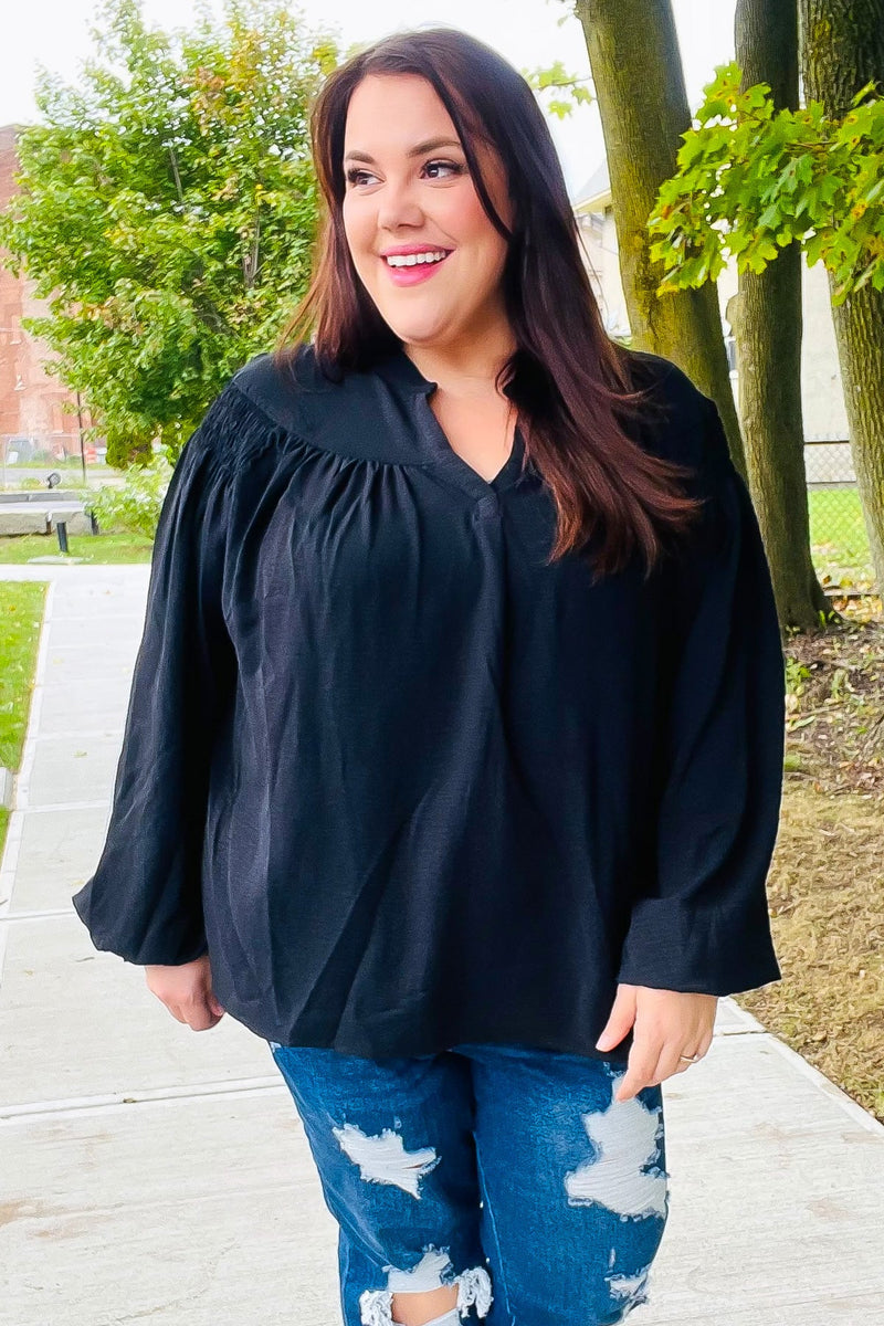 Boho Vibes Black Notched Neck Smocked Bubble Sleeve Top