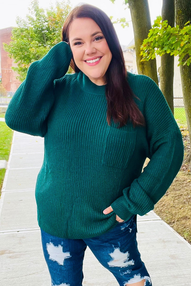 Classy Chic Hunter Green Mock Neck Chest Pocket Knit Sweater