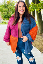 Dazzle In Magenta & Navy Chunky Knit Color Block Cardigan