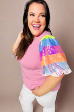 Stand Out Pink Rainbow Sequin Puff Sleeve Top