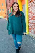 Casual Chic Hunter Green Oversized V Neck Rib Knit Sweater