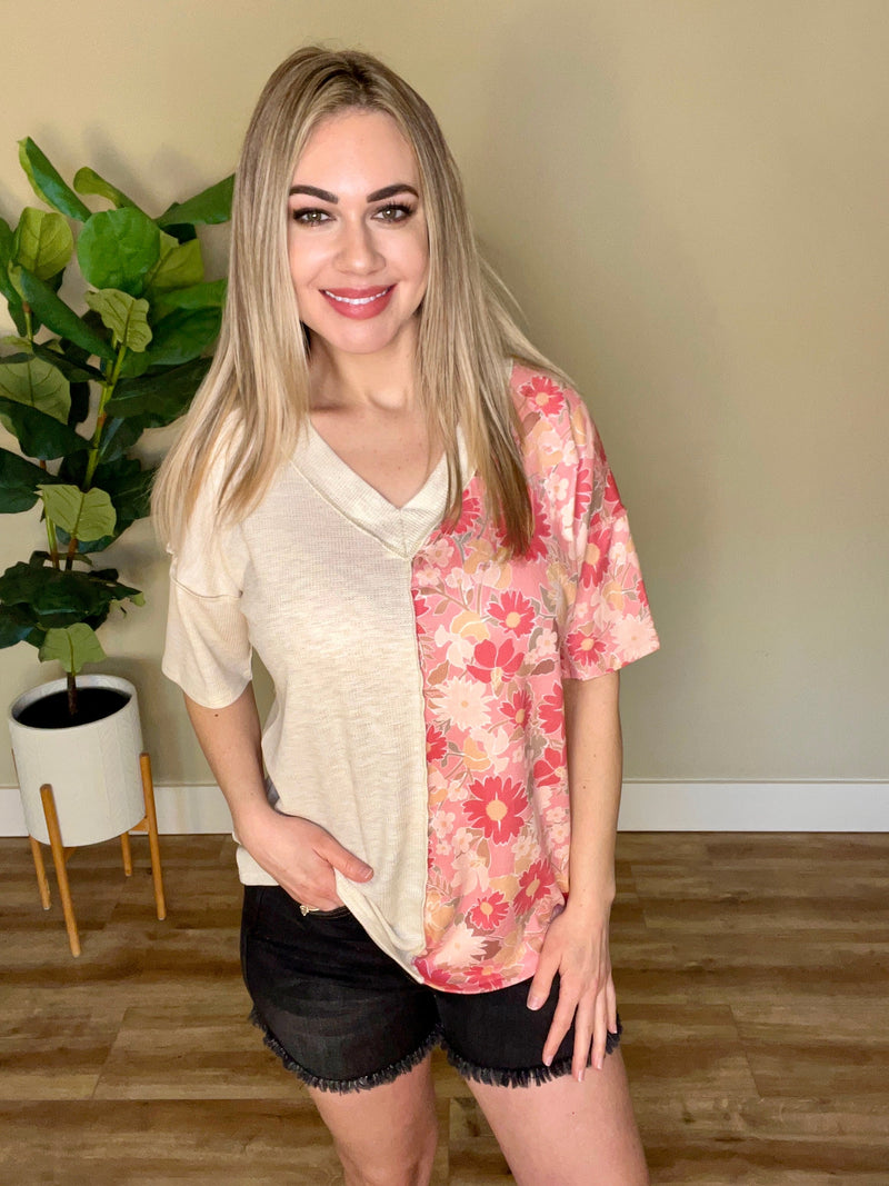 Waffle Knit Color Block V Neck Top In Taupe & Pink Floral