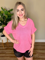 V Neck Waffle Knit Top In Summer Pink