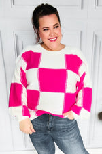 Tried & True Fuchsia Checkered Oversized Knit Sweater