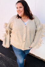 Weekend Ready Oatmeal V Neck Fringe Chunky Cable Cardigan