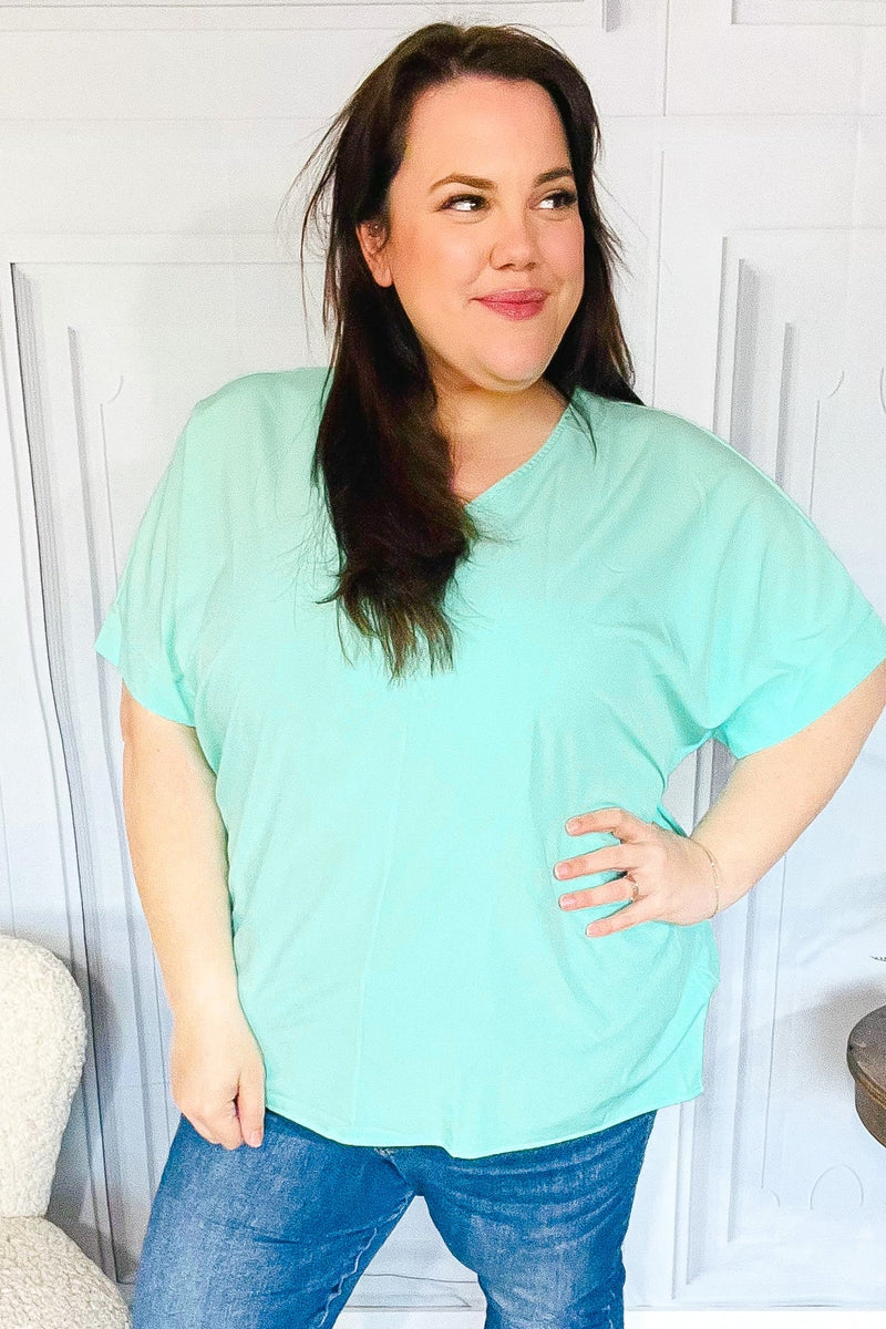 Weekend Ready Mint Drop Shoulder V Neck Woven Top