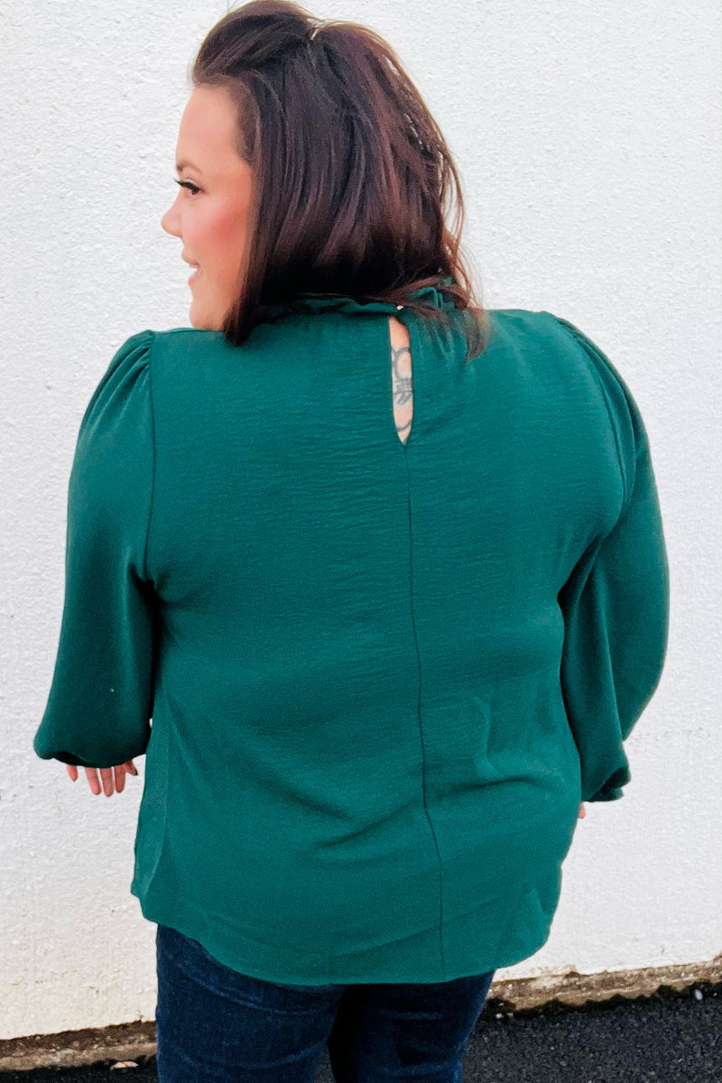 Be Merry Hunter Green Frill Mock Neck Crinkle Top