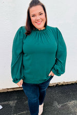 Be Merry Hunter Green Frill Mock Neck Crinkle Top