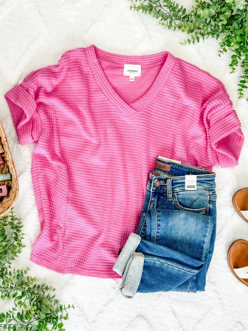 V Neck Waffle Knit Top In Summer Pink