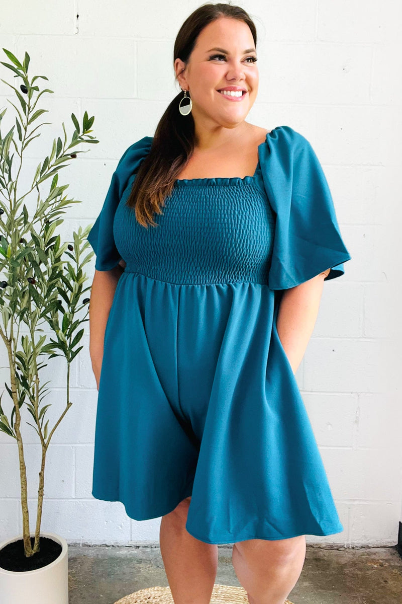 Feeling Playful Teal Smocked Flutter Sleeve Romper