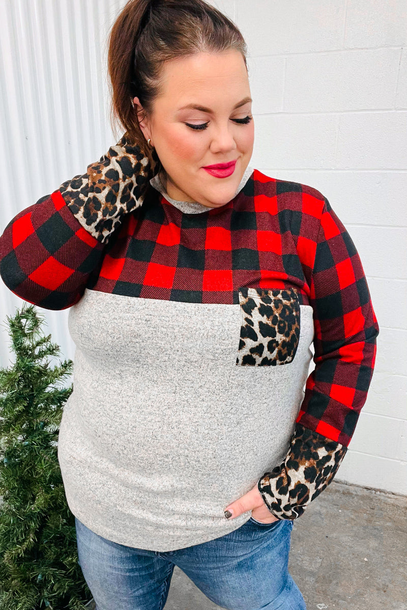 All Of Me Grey & Red Plaid Animal Print Pocketed Top