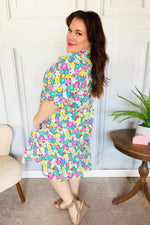 Can't Say No Mint & Fuchsia Floral Notch Neck Bubble Sleeve Dress