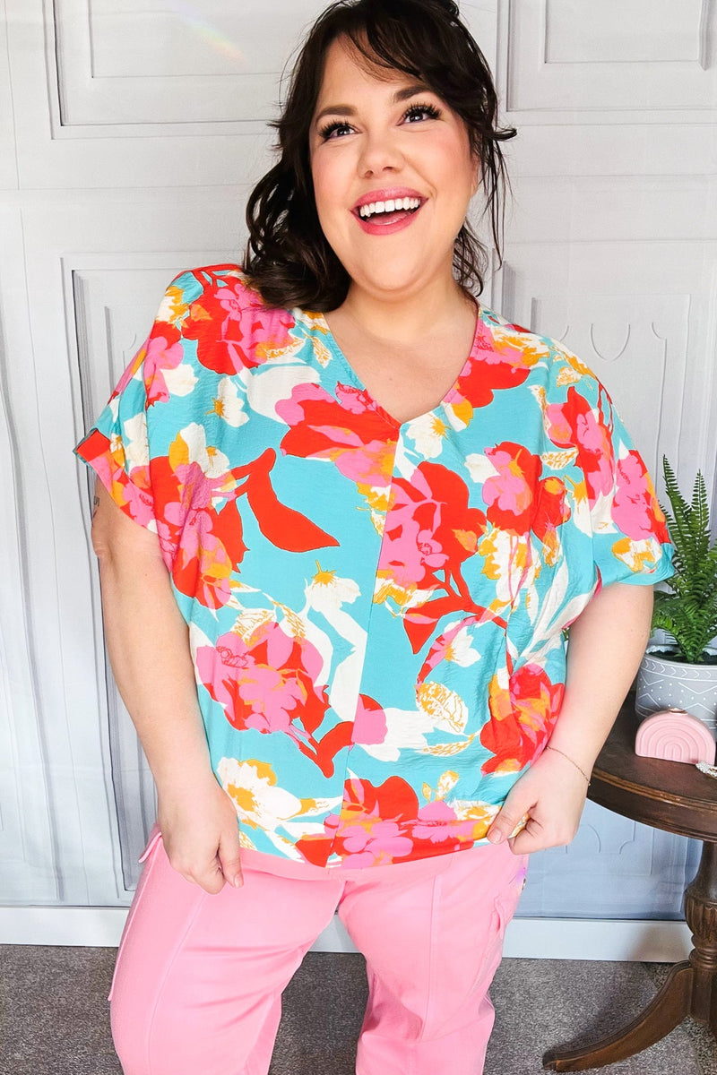 Weekend Ready Aqua & Coral Floral V Neck Woven Top