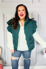 Feeling Festive Hunter Green Zipper Up Quilted Ruffle Sleeve Puffer Vest