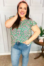 Dreamy Green & Pink Floral Yoke Ruffle Short Sleeve Top