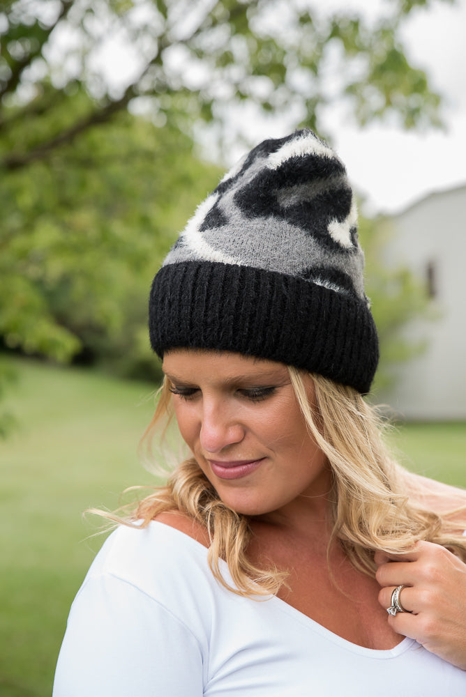 Fuzzy Leopard Beanie in Black