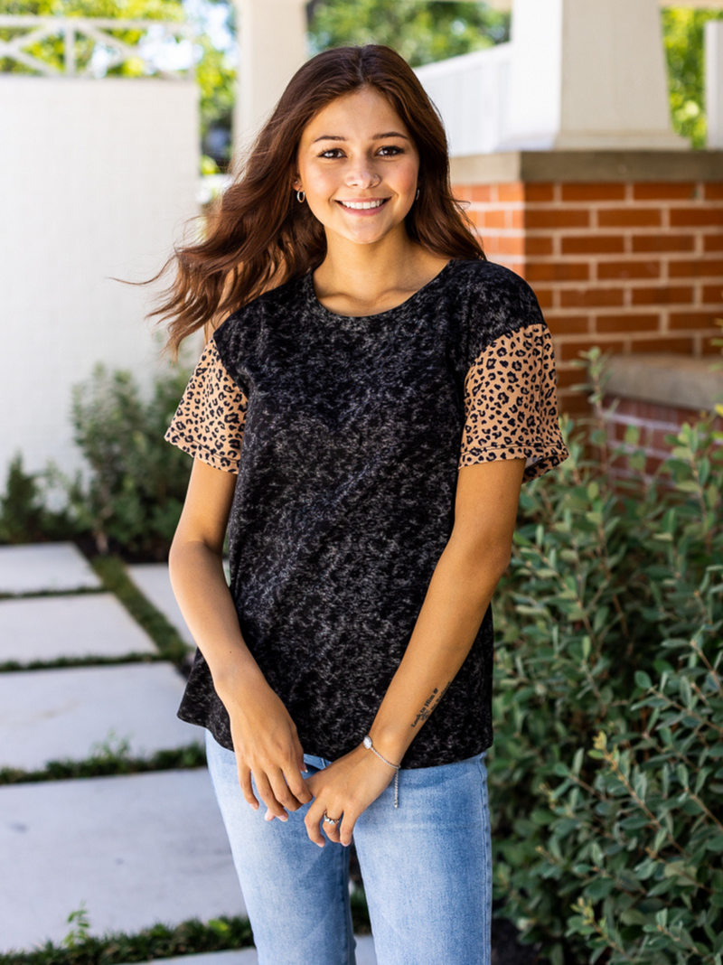 Black Oxide Leopard Sleeve Top