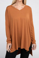 Dolman Long Sleeve V-Neck Side Slit Hi-Low Hem Top