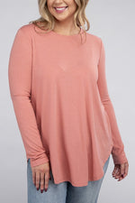 Plus Long Sleeve Round Neck Round Hem Top