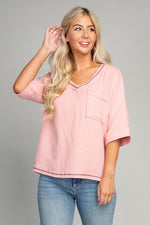 Pocket v neck top with contrast stitch