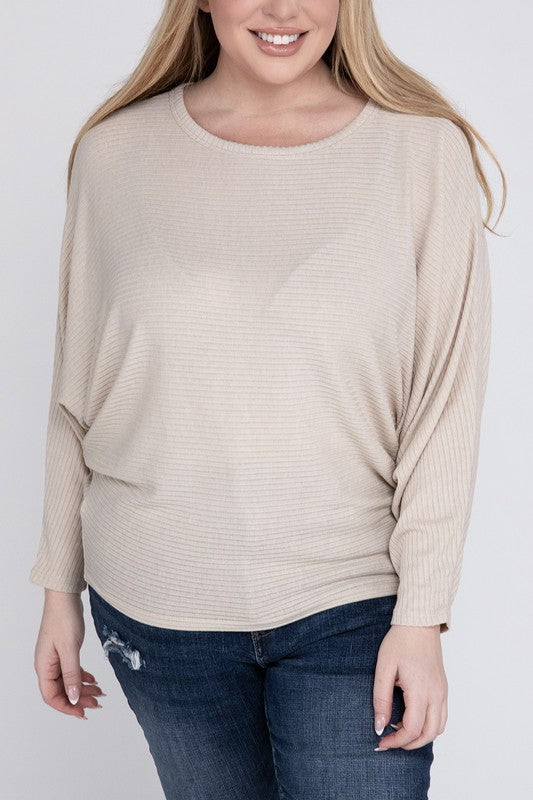 Plus Ribbed Batwing Long Sleeve Boat Neck Sweater