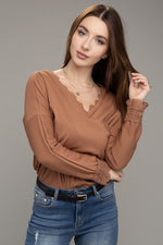 Lace Trim V Neck Long Sleeve Top