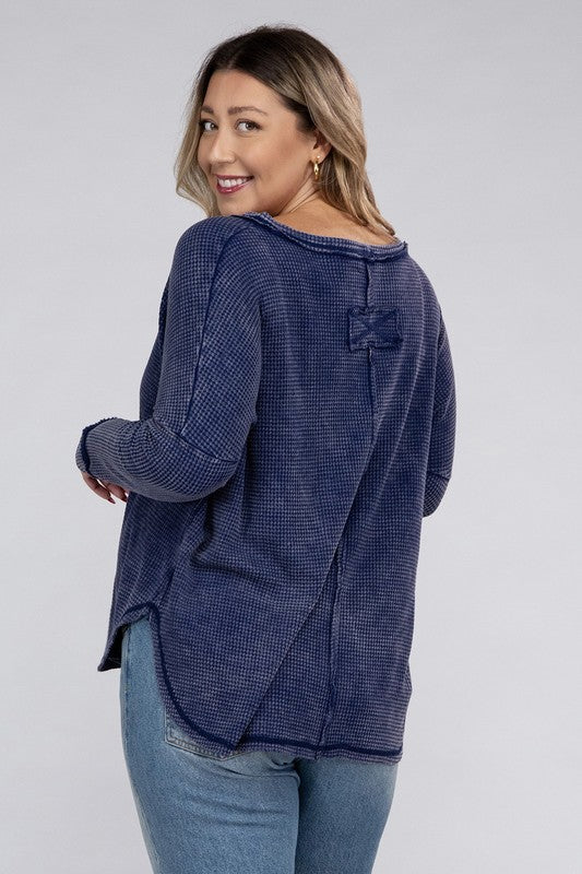 Plus Washed Baby Waffle Oversized Long Sleeve Top