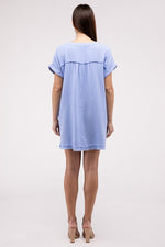 Gauze Rolled Short Sleeve Raw Edge V-Neck Dress