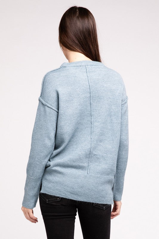 Melange Hi-Low Hem Round Neck Sweater