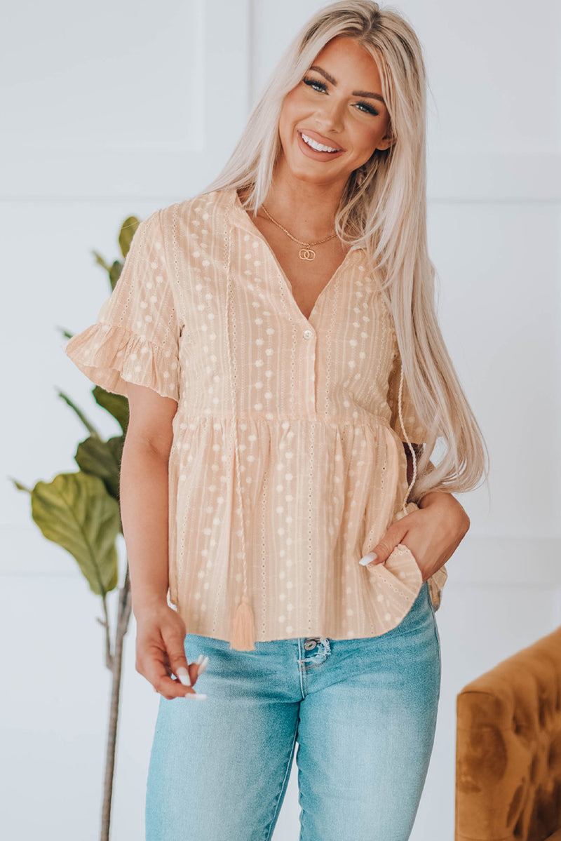 Just Peachy Embroidered Tassel Babydoll Blouse