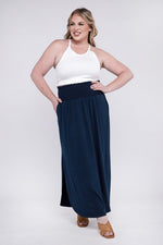 Plus Smocked Waist Side Slit Maxi Skirt w/ Pockets