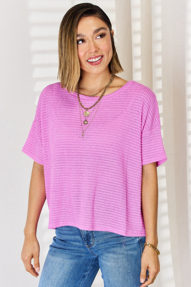 Zenana Waffle Round Neck Short Sleeve Top