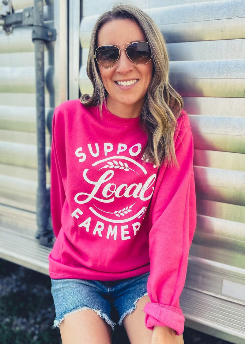 Support Local Farmers in Bright Pink Crewneck Sweatshirt