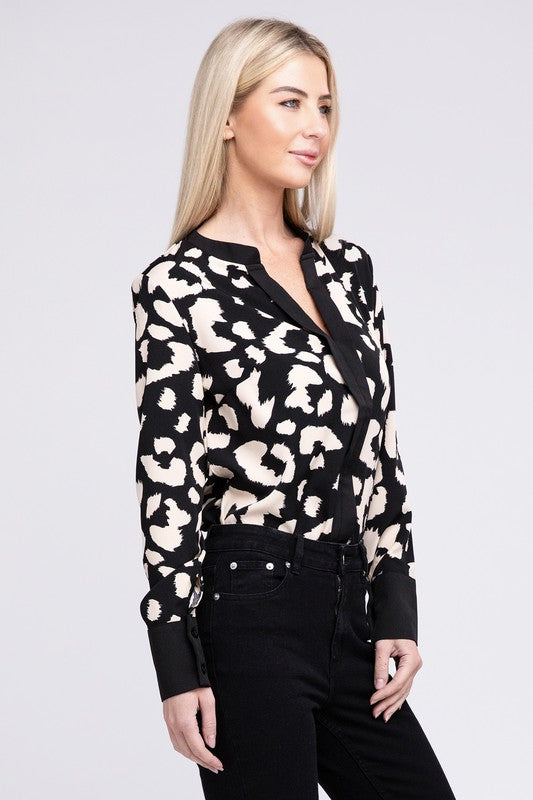 Leopard Notched Neck Blouse