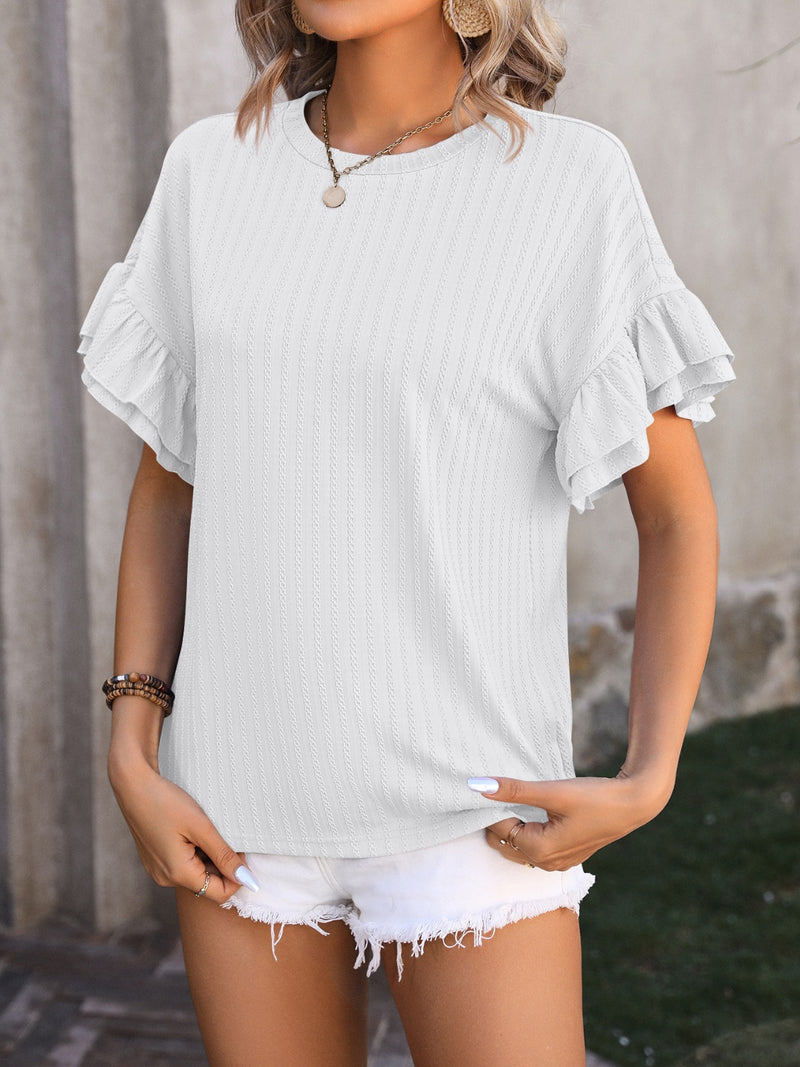 Ruffled Round Neck Short Sleeve Blouse