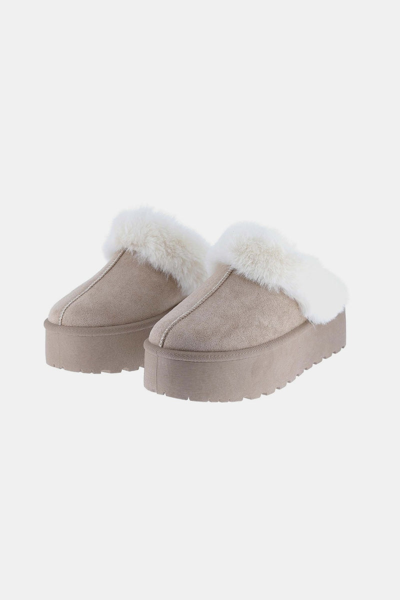 Trinity Thick Bottom Fur Trim Snow Slippers Taupe