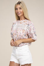 Floral chiffon flouse with lace trim