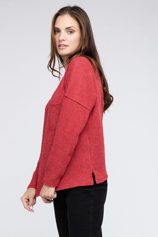 Ribbed Brushed Melange Hacci Sweater with a Pocket