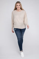 Plus Ribbed Batwing Long Sleeve Boat Neck Sweater