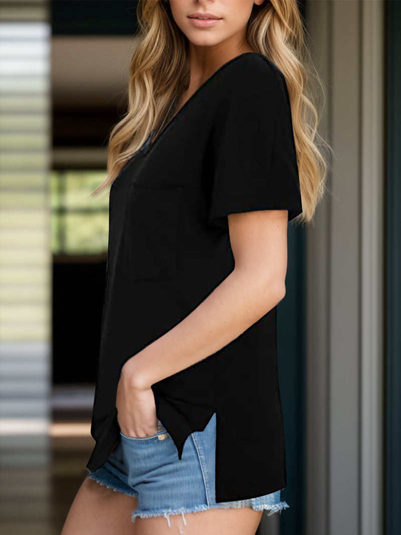 Pocketed Heathered V-Neck Tee