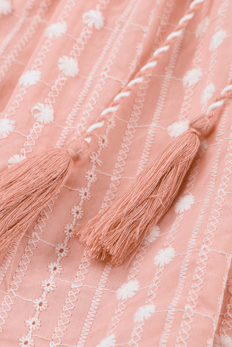 Just Peachy Embroidered Tassel Babydoll Blouse