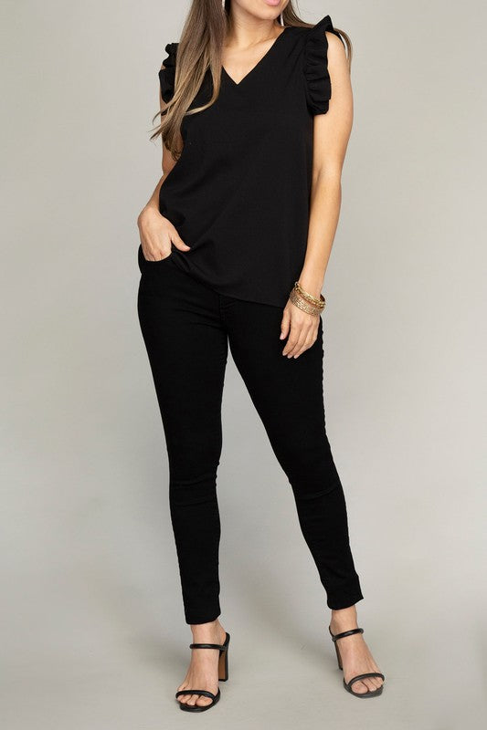 V neck ruffle sleeve Tee shirt