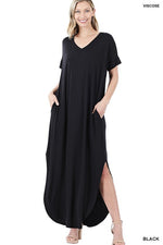 Viscose Fabric V-Neck Short Sleeve Maxi Dress